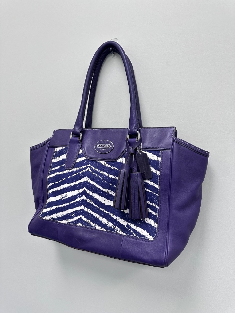 Vintage Coach Legacy Purple Leather and Zebra Printed Canvas Candace Carryall - Picture 2 of 16